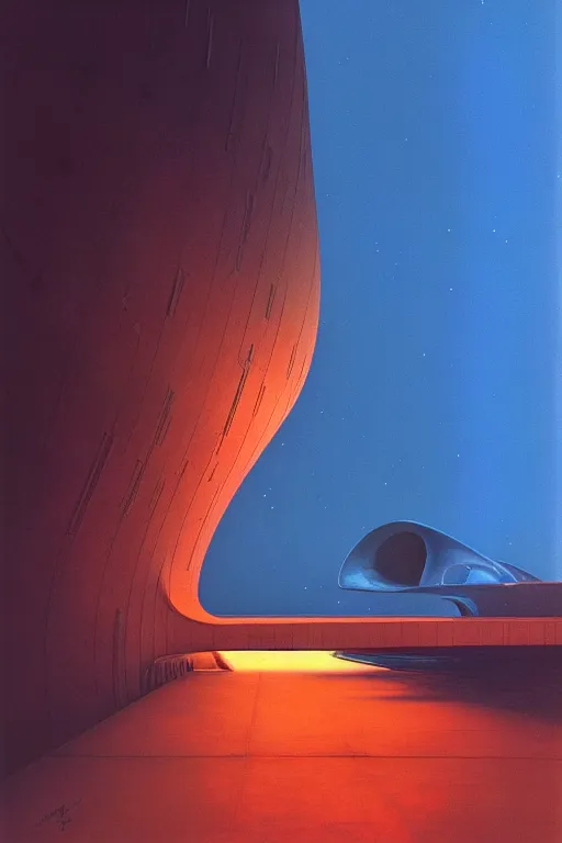 Image similar to emissary space by arthur haas and bruce pennington and john schoenherr, cinematic neon matte painting, zaha hadid building, photo realism, dark color palate, blue hour, james terrell art,