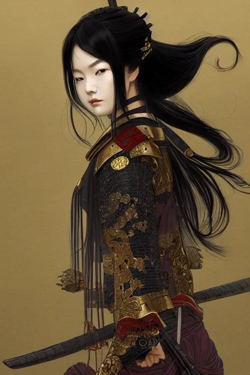 Prompt: portrait black hair samurai girl, armored samurai wardrobe, in fired honnoji temple rainy night, ssci - fi and fantasy, intricate and very very beautiful and elegant, highly detailed, digital painting, artstation, concept art, smooth and sharp focus, illustration, art by tian zi and wlop and alphonse mucha