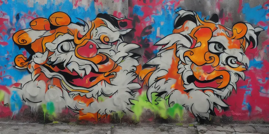 Image similar to lion dance, china, graffiti style, spraypainted on a wall