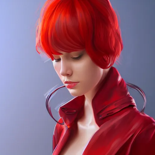 Image similar to a woman wearing a stylish outfit, red hair, highly detailed, digital painting, artstation, concept art, smooth, sharp focus, illustration