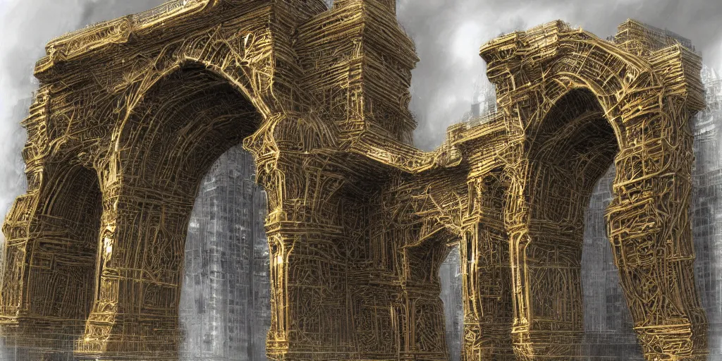 Image similar to knitting gold arch gate architecture by giger alien artstation