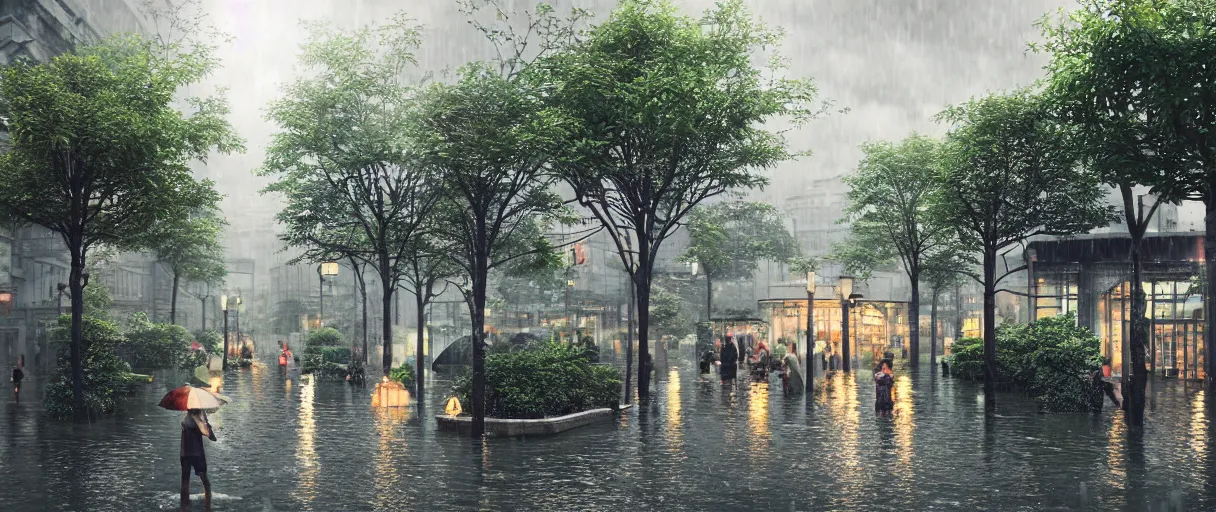 Image similar to raining at night at flooded miniature city, emotion is on the rise on the town, cute style garden, octane render, trees, evergreen, patio, garden, wet atmosphere, tender, soft light misty yoshitaka amano, and artgerm