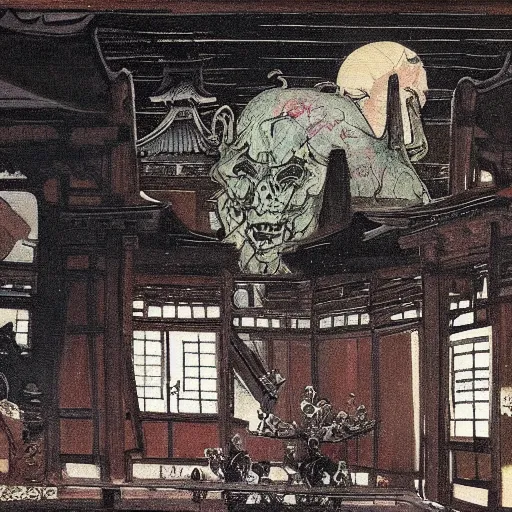 Image similar to A beautiful painting. It was a mansion of ghosts and monsters, with ghouls in the shadows and demons scuttling behind the wainscotting. in Japan by Walter Percy Day