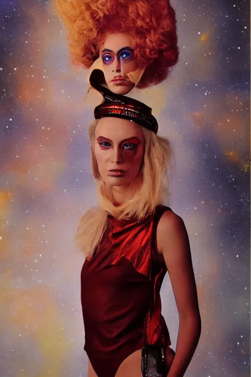 Image similar to portrait davis taylor brown dressed in 1 9 8 1 space fantasy fashion, avante garde