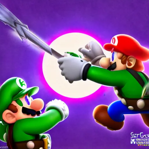 Image similar to Geralt and Master Chief fighting Mario and Luigi in the style of Super Smash Brothers, concept art, fisheye lens, vivid colour, unreal engine