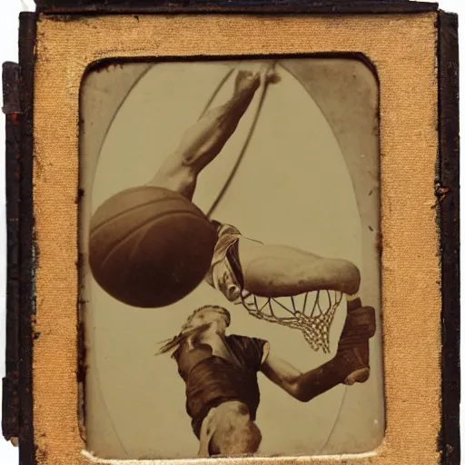 Prompt: Daguerreotype of a Byzantine warrior dunking a basketball into a hoop