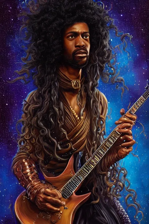 Prompt: beautiful oil painting with high detail of a wise black guitarist with long curly hair made of stars and plasma, hybrid from dungeons and dragons and art direction by James Cameron ;by artgerm; wayne reynolds art station; cinematic quality character render; low angle; ultra high quality model; production quality cinema model; flair