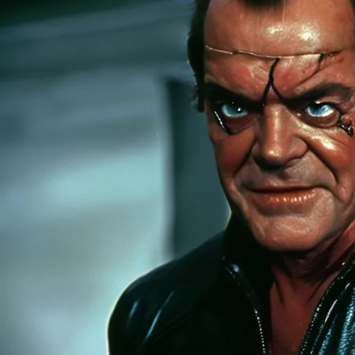 Image similar to Jack Nicholson plays Terminator, wearing leather jacket, red eye, VFX film