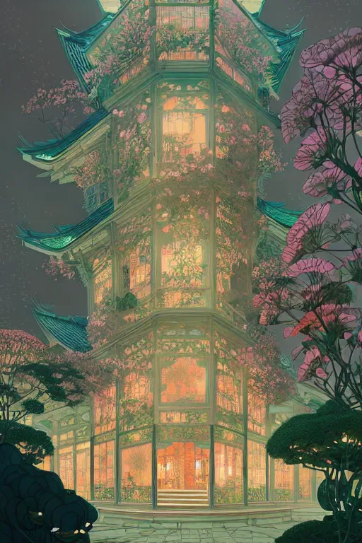 Image similar to a beautiful hyperdetailed matte illustration victo ngai cyberpunk style of absolutely beautiful blooming flower house, from china, perfectly shaded, atmospheric lighting, style of studio ghibli, makoto shinkai, raphael lacoste, louis comfort tiffany, artgerm, james jean, ross tran, chinese style