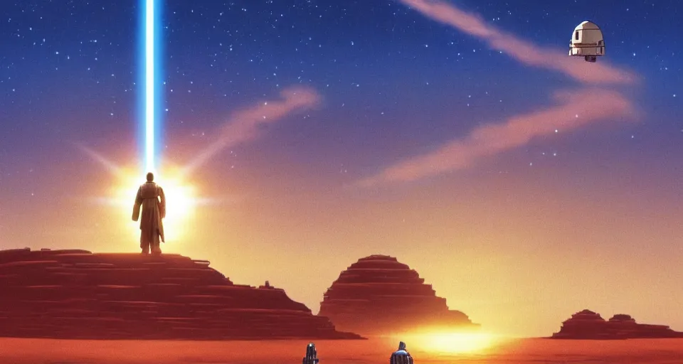 Prompt: beautiful wide shot tatooine landscape obi wan kenobi Luke skywalker droids binary sunset in Star Wars a new hope 1977 by studio ghibli, Miyazaki, animation, highly detailed, 70mm