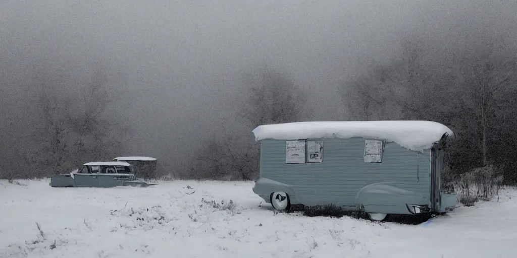 Prompt: detailed sharp photograph in the style of popular science circa 1 9 5 5 and gregory crewdson of a 1 9 5 0 s trailer park mid winter storm