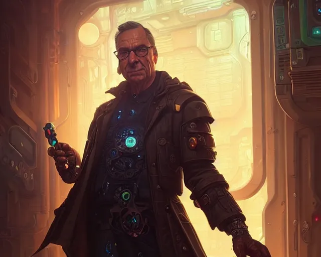 Prompt: oldman florentino perez with cyberpunk implants, deep focus, d & d, fantasy, intricate, elegant, highly detailed, digital painting, artstation, concept art, matte, sharp focus, illustration, hearthstone, art by artgerm and greg rutkowski and alphonse mucha