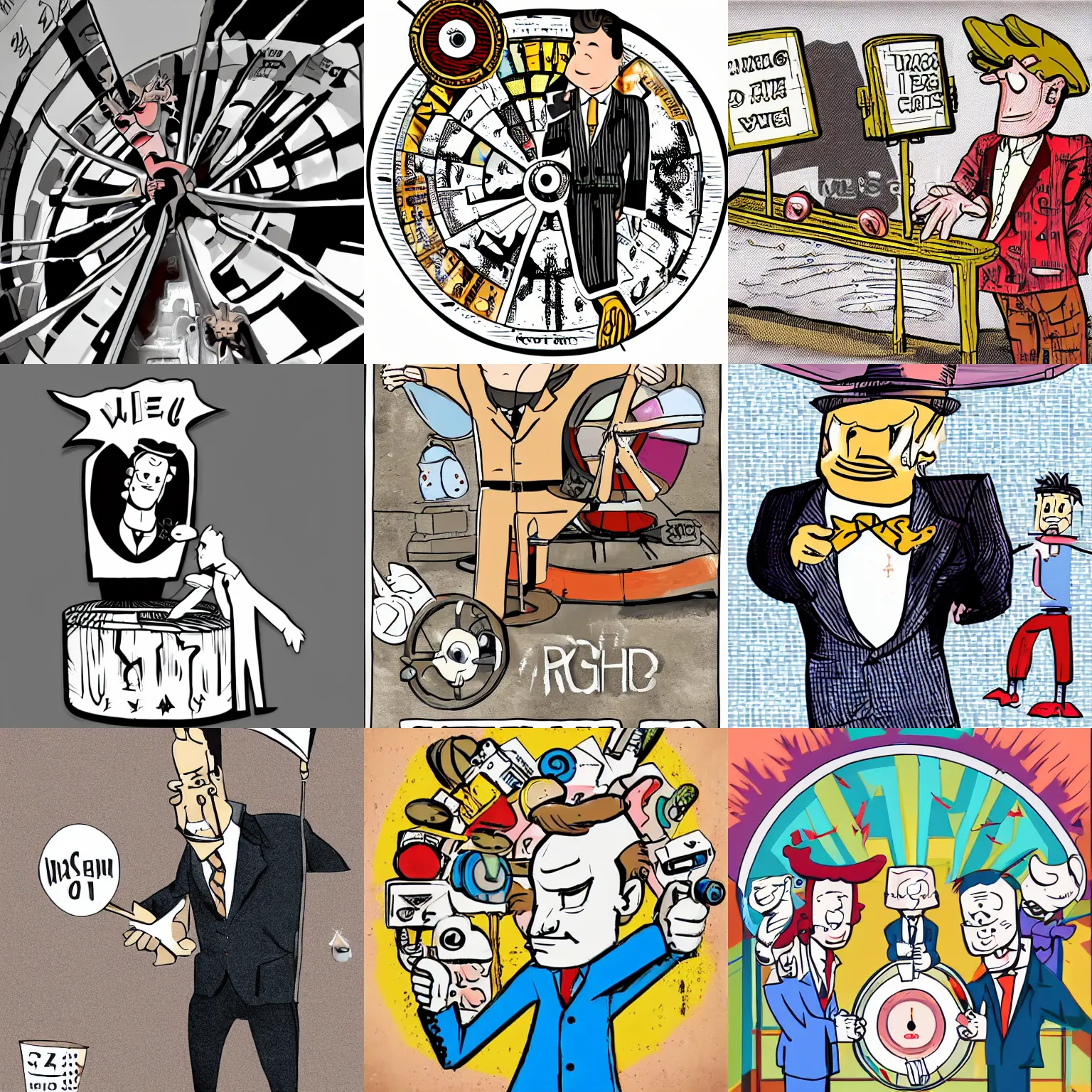 Prompt: well dressed man spinning price is right wheel, cartoon, ilustration, artwork, style of adult swim