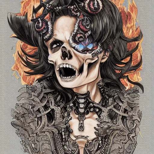 Image similar to anime manga skull portrait young woman, devil, fire, skeleton, intricate, elegant, steve mccurry, highly detailed, digital art, ffffound, art by JC Leyendecker and sachin teng