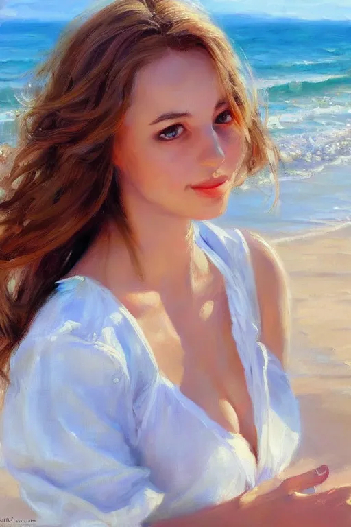 Prompt: portrait of a beautiful woman by the beach, morning, highly detailed, ultrarealistic oil painting, vladimir volegov, artstation