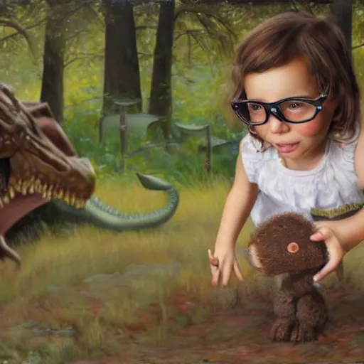 Prompt: a brown haired little girl wearing glasses in the woods with robotic dinosaurs, oil painting, highly detailed