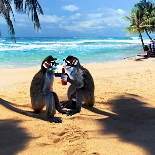 Image similar to two monkeys on the beach drinking coffee, pixar style