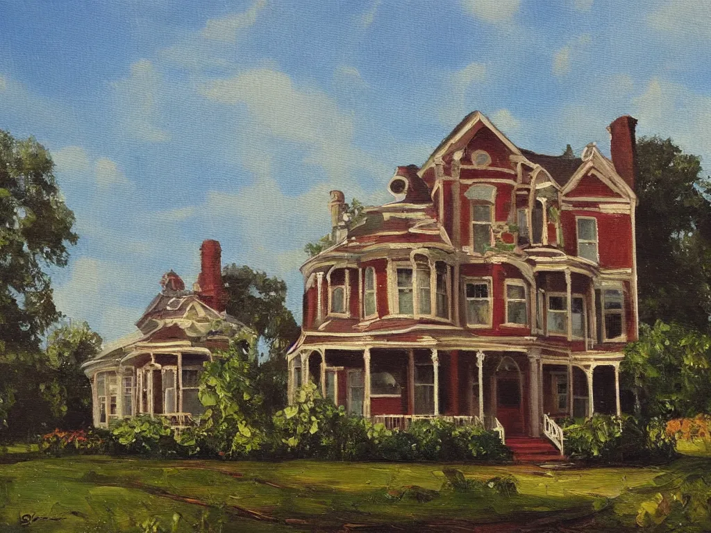 Image similar to “A oil painting of a greenVictorian house”