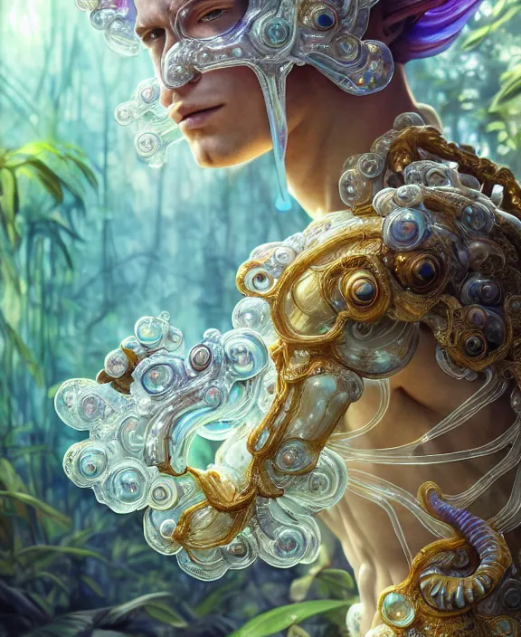 Prompt: intricate ornate opulent transparent clear see - through portrait of a beautiful male gundam alien sea slug, mottled coloring, adorable, childlike, overgrown jungle environment, ultra realistic, concept art, art nouveau, photorealistic, octane render, 8 k, unreal engine. art by christopher marley and artgerm and greg rutkowski and alphonse mucha