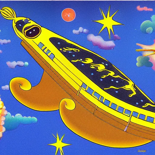 Prompt: yellow submarine in the sky with diamonds and empiric star cruisers