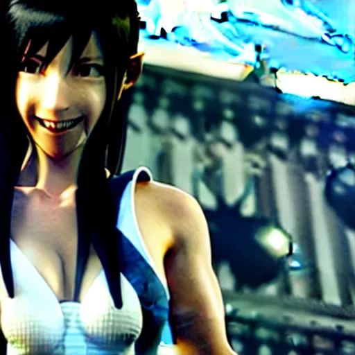 Image similar to Tifa Lockhart from Final Fantasy VII Remake (2020) laughing with the Italian flag in the background