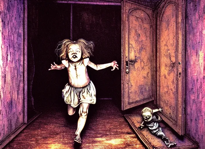 Prompt: realistic detailed photo rendered in octane 3d , of a little girl running inside of old haunted house from a ghost, by Francis Bacon, by Ivan Bilibin, by Alex Grey, by Austin Osman Spare., by Ayami Kojima, Amano, Karol Bak, Greg Hildebrandt, and Mark Brooks , rich deep colors. Beksinski painting, art by Takato Yamamoto. masterpiece. rendered in blender, ultra realistic, smooth shading, ultra detailed, high resolution, cinematic, unreal 6