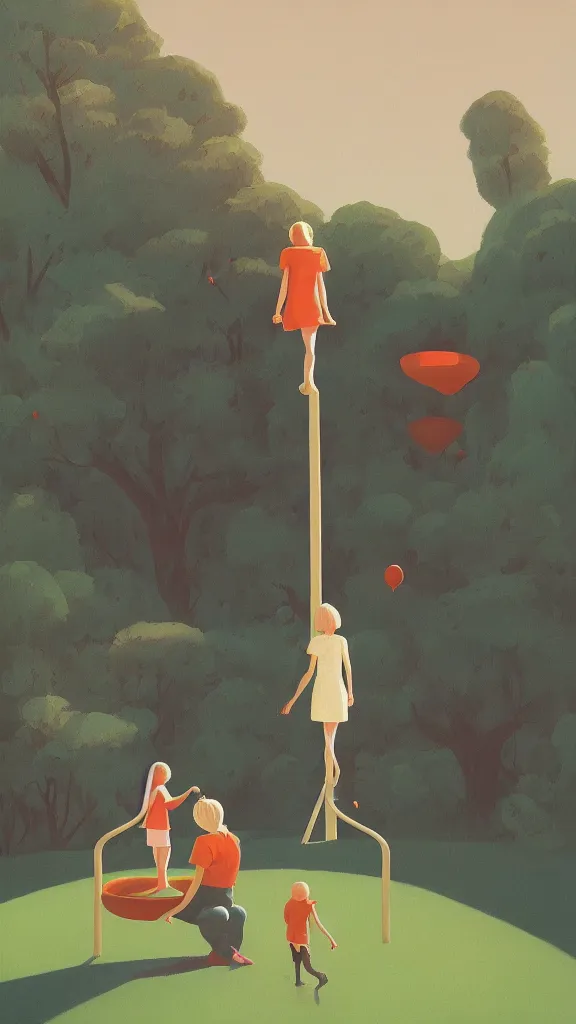 Image similar to tall blonde girl alone in playground, fun whimsical surreal illustration, by atey ghailan and escher and edward hopper,