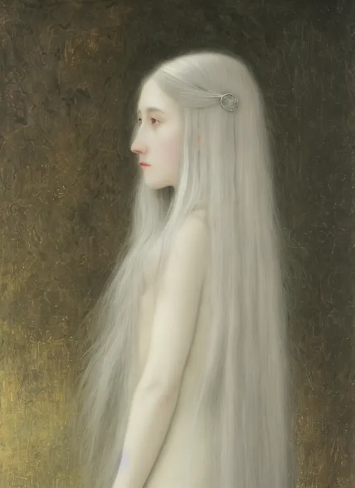 Image similar to tall thin young wan beautiful angel, silver hair so long, pale!, long silver hair, silver angel wings, wan adorable korean face, silver hair!!, style of fernand khnopff and lucien levy - dhurmer, oil on canvas, 1 8 6 2, 4 k resolution, aesthetic!,