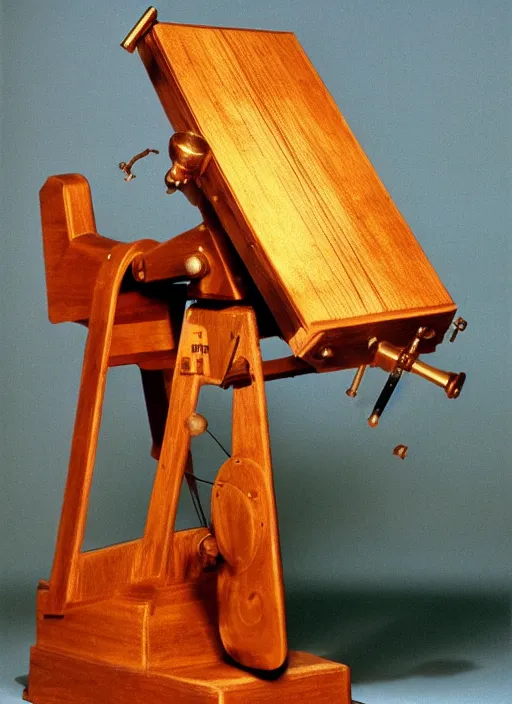 Image similar to realistic photo of a a wooden astronomy archeology chemistry scientific appliance model equipment gadget made of wooden constructor 1 9 9 0, life magazine reportage photo, natural colors, metropolitan museum collection