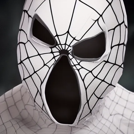 Image similar to white spider - man suit with black web lining, cinematic, volumetric lighting, realistic, hyperdetailed, photorealistic, photograph