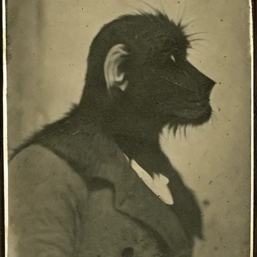 Image similar to a creepy photograph of a furry from the early 1 9 th century