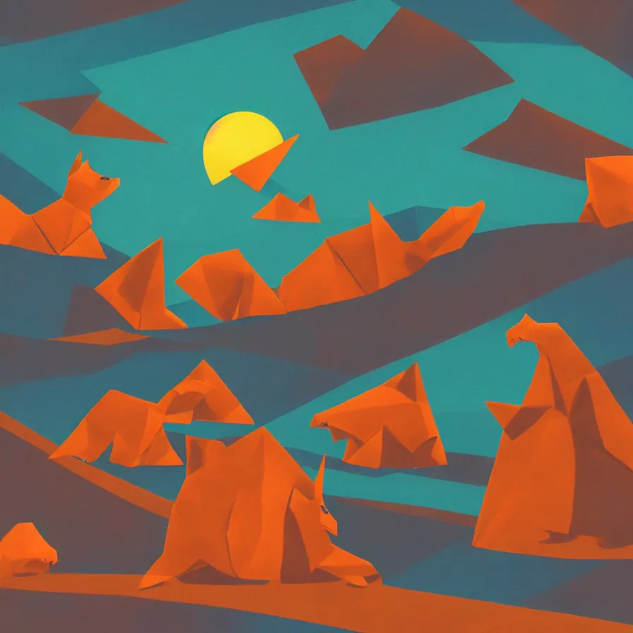 Image similar to a surreal landscape of a cat folded into origami in a vast desert lit by two scary moons, deeply texural, saturated color scheme