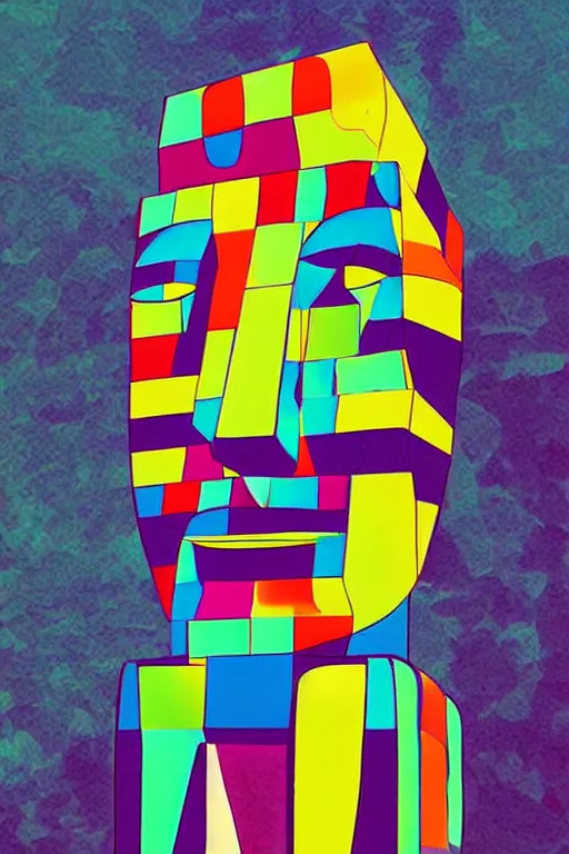 Image similar to cubist moai statue cutout digital illustration cartoon colorful beeple