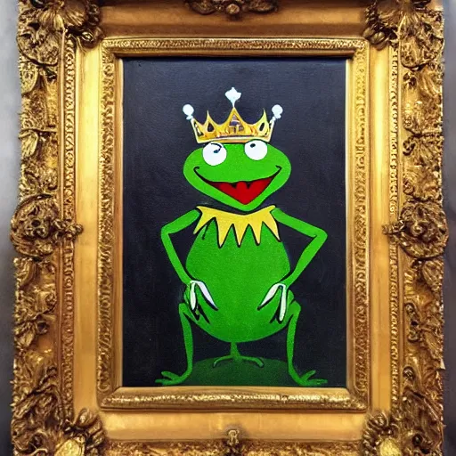 Prompt: Kermit the frog is king of England, royal oil painting 19th century, throne Crown Jewels sceptre