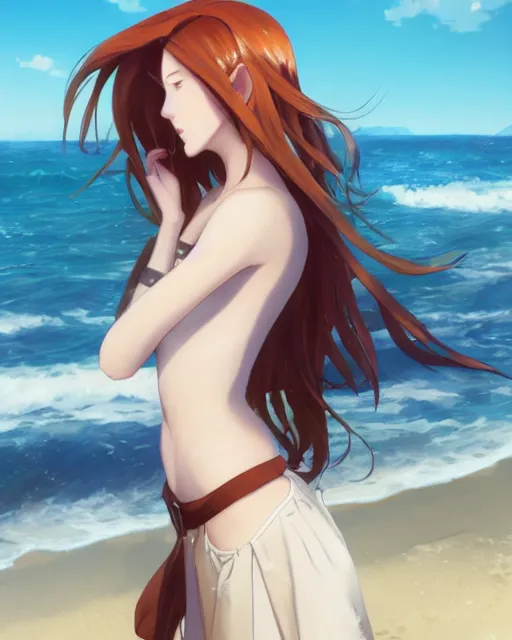 Image similar to an attractive young female elf with long flowing auburn hair, standing on the beach on the ground front facing, looking at camera, blue water, anime. By Makoto Shinkai, Stanley Artgerm Lau, WLOP, Rossdraws, James Jean, Andrei Riabovitchev, Marc Simonetti, krenz cushart, Sakimichan, trending on ArtStation, digital art.