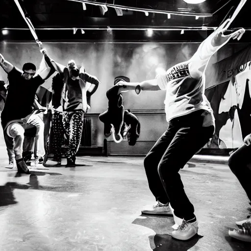 Prompt: old school breakdance party with old vibe and atmospheric environment, cypher with dancers in middle and people around them, photorealistic, fun, old school locking clothes, rock dance clothes