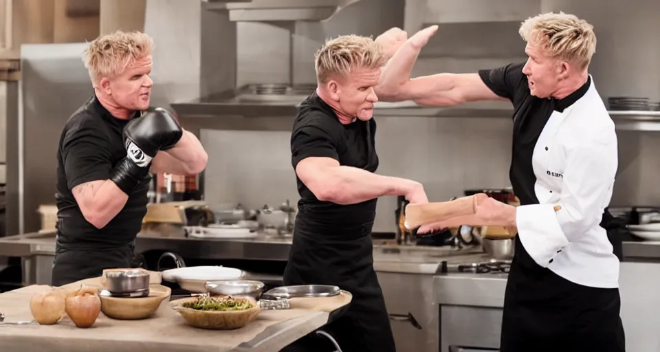 Image similar to photo of angry furious Gordon Ramsay punching Gordon Ramsay at the kitchen