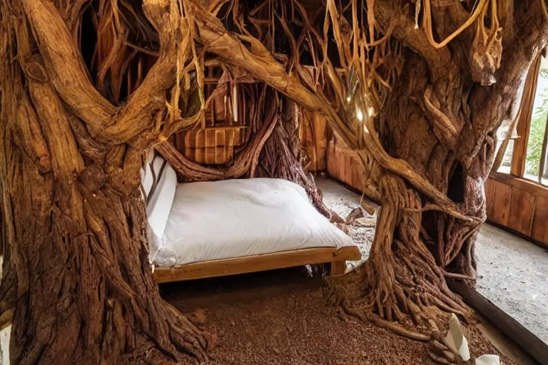 Image similar to a bed made of chocolate inside a tree house