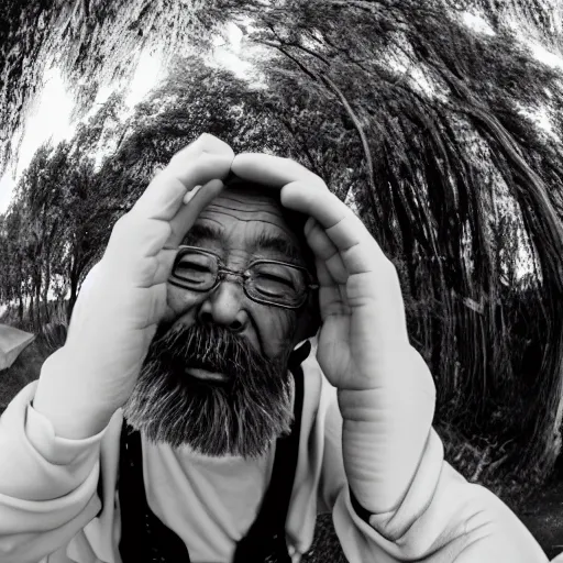 Image similar to Fisheye selfie of an old japanese man with long beard