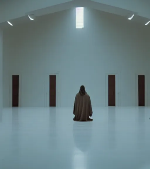 Image similar to Jesus in a white empty room, film still from the movie directed by Denis Villeneuve with art direction by Salvador Dalí, wide lens