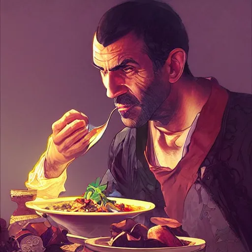 Image similar to trevor philips eating moroccan tagine, highly detailed, digital painting, artstation, concept art, smooth, sharp focus, illustration, art by artgerm and greg rutkowski and alphonse mucha