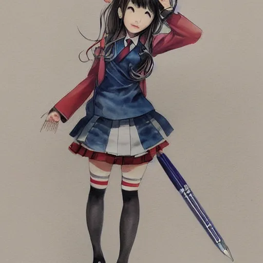 Image similar to a perfect, realistic professional digital sketch of a Japanese schoolgirl in style of Marvel, full length, by pen and watercolor, by a professional Serbian artist on ArtStation, on high-quality paper