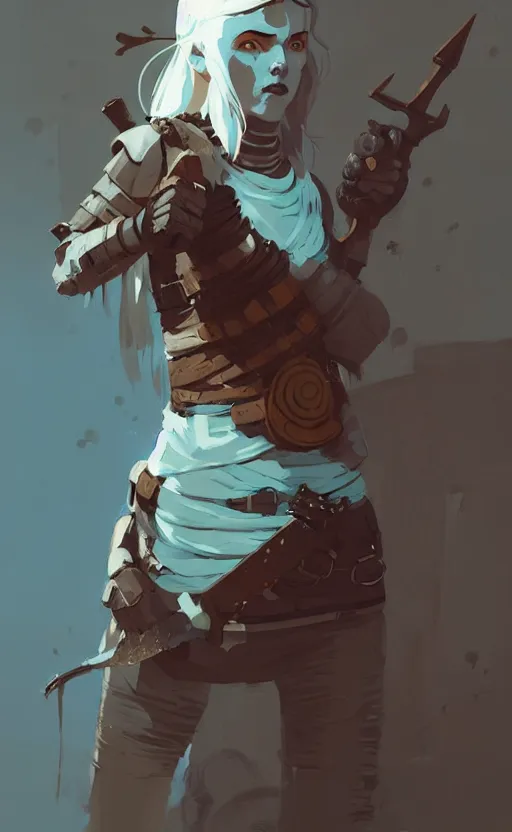 Image similar to female celtic warrior by atey ghailan, by greg rutkowski, by simon stalenhag, by greg tocchini, by james gilleard, by joe fenton, by kaethe butcher dynamic lighting, gradient light blue, brown, blonde cream and white color scheme, grunge aesthetic