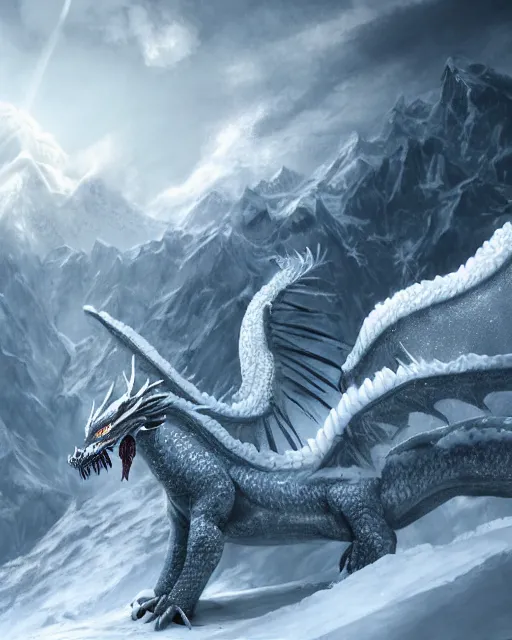 Image similar to giant snow dragon standing on a snowcapped mountain, highly detailed, 4 k, hdr, award - winning, directed by zack snyder, trending on art station, matte