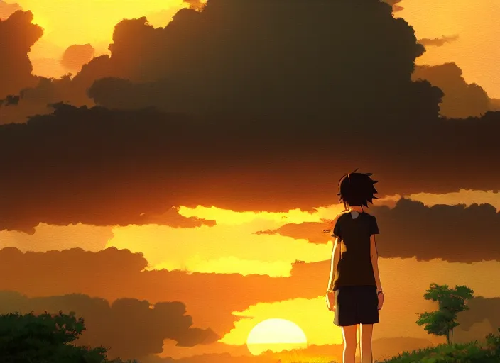 Image similar to cat, by makoto shinkai, highly detailed, sunset light