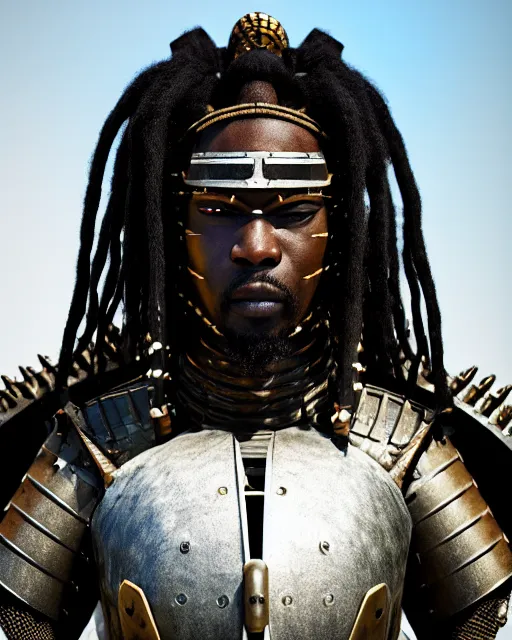 Prompt: fully armored african samurai, unreal engine 5, dreadlocks, man, blender, symmetrical face, atmosphere, dark brown skin, gorgeous, depth of field, landscape, lush, ultra realistic, cinematic, macro, artstation, megascan, elegant, epic, Quixel, weta digital, focus, octane render, v-ray, 8k, art by Sonia Delaunay