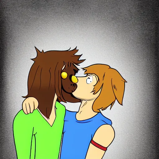 Prompt: shaggy and scooby - doo kissing, digital art