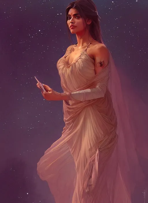 Image similar to cute brown woman wearing a transparent night gown, fantasy, intricate, highly detailed, digital painting, artstation, concept art, wallpaper, smooth, sharp focus, illustration, art by artgerm and greg rutkowski and alphonse mucha