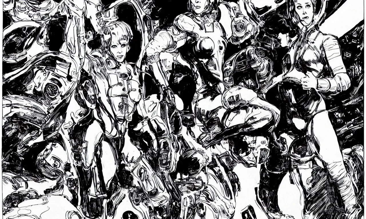 Image similar to black and white comic book art of nicole kidman taking charge in an astronaut suit, jung gi kim, mark schultz, bernie wrightson, jim lee, alphonse mucha