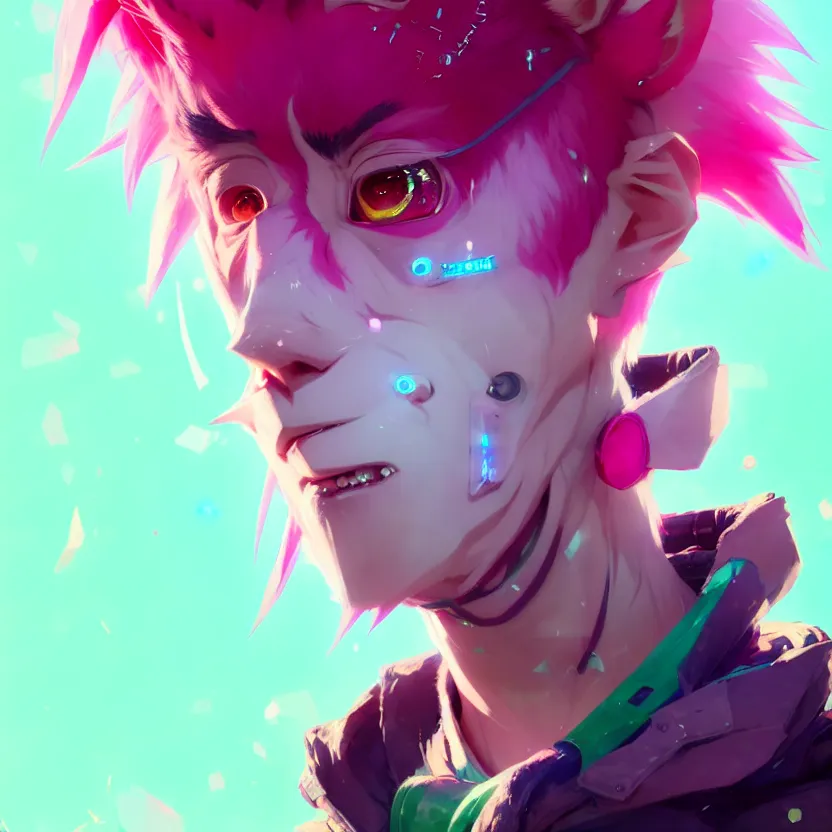 Prompt: a beautiful portrait of a handsome anime male boy with pink hair and pink wolf ears and green eyes wearing cyberpunk clothes. character design by cory loftis, fenghua zhong, ryohei hase, ismail inceoglu and ruan jia. artstation, volumetric light, detailed, photorealistic, fantasy, rendered in octane